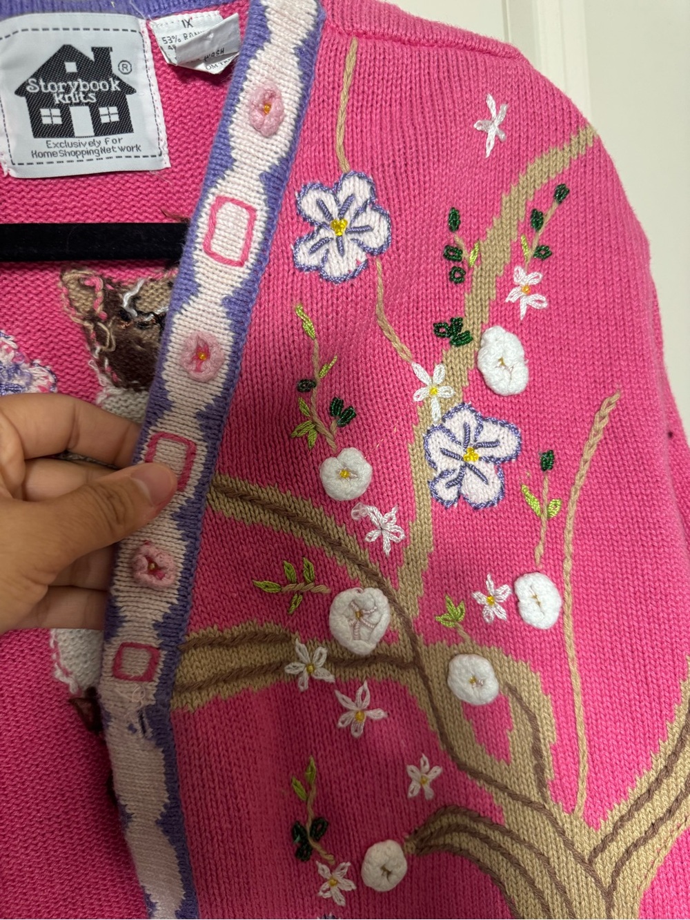 Storybook Knits Pink Embroidered Cat Floral Button V-Neck Cardigan Sweater 1X - Picture 9 of 10
